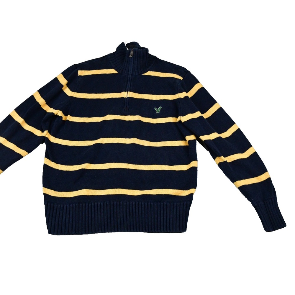 American Eagle Sweater Mens XL Black Yellow Stripe 1/4 Zip Pullover Long Sleeve